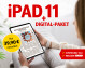 Frau sitzt auf einem Sofa und hält ein iPad 11, das die Zeitung 'Braunschweiger Zeitung' zeigt. Angebot: Digital-Paket für 39,90 Euro monatlich.