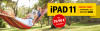 Mann in Hängematte liest auf einem iPad. Werbung für iPad 11 mit Digital-Paket und Preis 39,90 Euro monatlich.